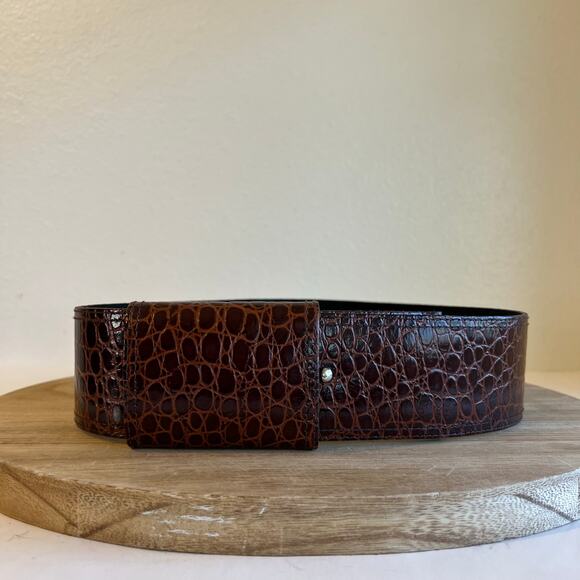 Omega Vintage 90s Brown Snake Skin Genuine Leather Wide Wrap Belt Size Medium - Picture 5 of 8